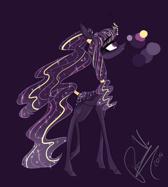 Size: 1186x1320 | Tagged: safe, artist:iheyyasyfox, derpibooru import, oc, pony, unicorn, curved horn, female, horn, magical lesbian spawn, mare, offspring, parent:princess luna, parent:twilight sparkle, parents:twiluna, solo