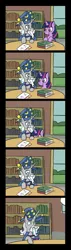 Size: 771x2698 | Tagged: suggestive, artist:pacificgreen, derpibooru import, edit, star swirl the bearded, twilight sparkle, twilight sparkle (alicorn), alicorn, pony, unicorn, beard, book, bookshelf, comic, facial hair, female, hooves, horn, implied blowjob, implied oral, implied sex, male, mare, smiling, softcore, stallion, table, under the table, wings