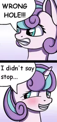 Size: 431x915 | Tagged: suggestive, artist:theunconsistentone, derpibooru import, edit, princess flurry heart, alicorn, pony, blushing, bust, comic, female, grin, gritted teeth, horn, implied anal, implied sex, mare, older, portrait, smiling, solo, speech bubble, wrong hole