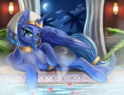 Size: 2000x1536 | Tagged: safe, artist:pony-way, derpibooru import, princess luna, alicorn, pony, alternate hairstyle, beautiful, beautisexy, bedroom eyes, cheek fluff, chest fluff, clothes, cloud, cosplay, costume, crescent moon, ear fluff, egyptian, eyeshadow, female, flower petals, fluffy, headdress, image, implied somnambula, jewelry, leg fluff, lidded eyes, looking at you, lunambula, luxury, lying down, makeup, mare, moon, necklace, night, png, s1 luna, see-through, sexy, side, smiling, solo, stars, steam, swimming pool, tail jewelry, tail wrap, tattoo, window, wing fluff