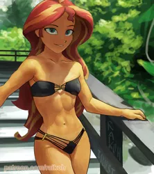 Size: 500x564 | Tagged: suggestive, artist:raikoh, derpibooru import, sunset shimmer, equestria girls, abs, adorasexy, bacon hair, belly button, bikini, breasts, clothes, cute, delicious flat chest, female, fit, leaves, muscles, muscular female, orange skin, plant, sexy, sinfully sexy, small breasts, smiling, solo, solo female, stairs, sunflat shimmer, swimsuit, toned, tree
