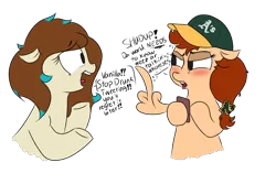 Size: 900x600 | Tagged: safe, artist:ponetistic, derpibooru import, oc, oc:amora bunny, oc:vanilla creame, unofficial characters only, pegasus, pony, angry, baseball cap, cap, concerned, drunk, female, flipping off, floppy ears, hat, looking at each other, mare, middle feather, middle finger, oakland athletics, phone, shipping, simple background, transparent background, vulgar, wing gesture, wing hands, wings