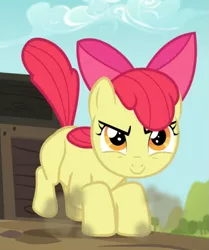 Size: 701x840 | Tagged: safe, derpibooru import, screencap, apple bloom, earth pony, pony, brotherhooves social, bow, cropped, determined, female, filly, hair bow, landing, smiling, solo