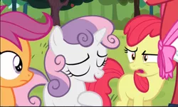 Size: 1371x823 | Tagged: safe, derpibooru import, screencap, apple bloom, scootaloo, sweetie belle, earth pony, pegasus, pony, unicorn, brotherhooves social, confused, cropped, cutie mark crusaders, eyes closed, female, filly, offscreen character, open mouth, proud, shocked, trio focus
