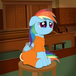 Size: 2160x2160 | Tagged: safe, artist:spellboundcanvas, derpibooru import, rainbow dash, pony, bound wings, clothes, courtroom, crying, prison, prison outfit, prisoner, prisoner rd, restraints, sad, teary eyes, wing cuffs, wings