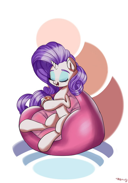 Size: 1194x1700 | Tagged: safe, artist:velcius, derpibooru import, rarity, pony, unicorn, abstract background, chair, coffee, eyes closed, female, hoof hold, mare, mug, sitting, smiling, solo