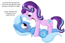 Size: 3257x2139 | Tagged: suggestive, artist:girlsvoreboys, derpibooru import, starlight glimmer, trixie, pony, bedroom eyes, blushing, dialogue, female, fetish, imminent vore, implied vore, kitchen eyes, lesbian, mawshot, open mouth, pinned, shipping, simple background, startrix, teasing, this will end in vore, tongue out, transparent background, vore, vorelight glimmer, willing vore