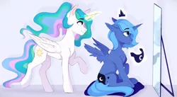 Size: 3825x2100 | Tagged: safe, artist:velirenrey, derpibooru import, princess celestia, princess luna, alicorn, pony, alternate hairstyle, chest fluff, crown, cute, cutelestia, duo, ear fluff, eye clipping through hair, female, jewelry, lunabetes, magic, mare, mirror, peytral, ponytail, profile, regalia, royal sisters, s1 luna, siblings, sisters, sitting, telekinesis, wing fluff, young celestia, young luna