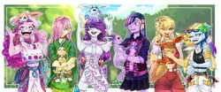 Size: 4251x1764 | Tagged: applejack, artist:schokocream, clothes, crossover, cute, derpibooru import, eeveelutions, espeon, female, flareon, fluttershy, glaceon, human, humanized, jolteon, leafeon, mane six, pinkie pie, pokémon, rainbow dash, rarity, safe, smiling, sylveon, twilight sparkle