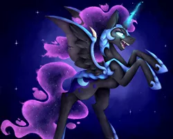 Size: 4985x4000 | Tagged: safe, artist:invaderkj, derpibooru import, nightmare moon, alicorn, pony, armor, ethereal mane, fangs, female, galaxy mane, glowing horn, hoof shoes, horn, mare, open mouth, profile, rearing, solo, starry mane, wing armor