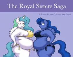 Size: 1600x1253 | Tagged: absurd resolution, anthro, artbook, artist:lordstormcaller, ass, bbw, belly, belly to belly, belly touch, big belly, big breasts, bikini, book, book cover, breasts, butt, chubby, chubbylestia, clothes, comic, comic book, cover, derpibooru import, duo, duo female, exclusive, face to face, fat, female, females only, fetish, hand on hip, large butt, looking at each other, missing cutie mark, moonbutt, muffin top, obese, plump, poking, princess celestia, princess luna, princess moonpig, purple background, royal sisters, series:the royal sisters saga, serious, serious face, simple background, smiling, suggestive, swimsuit, text, title, weight gain