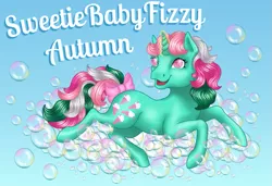 Size: 793x542 | Tagged: safe, artist:mustbejewel, derpibooru import, pony, unicorn, baby fizzy, crystal eyes, g1, soap bubble, solo