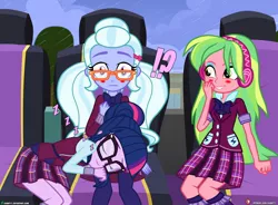 Size: 1500x1104 | Tagged: safe, artist:dieart77, derpibooru import, lemon zest, sci-twi, sugarcoat, twilight sparkle, equestria girls, awkward, blushing, bus, clothes, crystal prep academy uniform, cute, exclamation point, eyes closed, female, glasses, hair bun, headphones, interrobang, lesbian, lip bite, onomatopoeia, patreon, patreon logo, pigtails, plaid skirt, pleated skirt, question mark, rain, school uniform, shipping, sitting, skirt, sleeping, sound effects, sugartwi, twiabetes, twintails, zzz