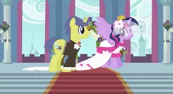 Size: 1211x660 | Tagged: safe, artist:3d4d, derpibooru import, comet tail, twilight sparkle, twilight sparkle (alicorn), alicorn, pony, clothes, cometlight, dress, female, flower, flower in hair, male, marriage, shipping, straight, wedding, wedding dress