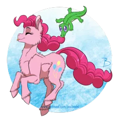 Size: 1600x1632 | Tagged: safe, artist:inuhoshi-to-darkpen, derpibooru import, gummy, pinkie pie, alligator, earth pony, pony, :p, cute, cutie mark, diapinkes, female, happy, jumping, mare, pronking, silly, smiling, tongue out, unshorn fetlocks