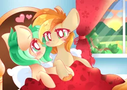 Size: 6000x4254 | Tagged: safe, artist:hungrysohma, derpibooru import, oc, oc:minty pop, oc:parlay, unofficial characters only, earth pony, pony, bed, bedroom, blushing, eye contact, female, freckles, heart, holding hooves, lesbian, looking at each other, mare, parpop, shipping, smiling, unshorn fetlocks, window