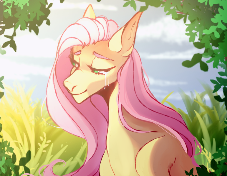 Size: 1280x996 | Tagged: safe, artist:velirenrey, derpibooru import, fluttershy, pony, crying, female, leaves, lidded eyes, mare, smiling, solo, sunlight