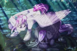 Size: 1280x853 | Tagged: safe, artist:sunturan, derpibooru import, oc, unofficial characters only, pegasus, pony, cobblestone street, commission, concerned, covering, crepuscular rays, crying, duo, female, flower, flower in hair, lidded eyes, mare, prone, wing covering