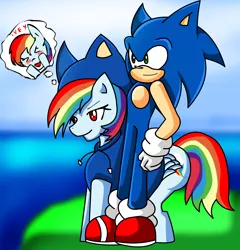 Size: 1976x2056 | Tagged: artist:soul-yagami64, clothes, cosplay, costume, crossover, crossover shipping, derpibooru import, female, interspecies, male, rainbow dash, safe, shipping, sonicdash, sonic the hedgehog, sonic the hedgehog (series), straight