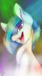 Size: 540x960 | Tagged: safe, artist:missclaypony, derpibooru import, vinyl scratch, pony, eye clipping through hair, female, hair over one eye, looking at you, mare, missing accessory, missing horn, open mouth, rave, solo, vinyl missing her horn