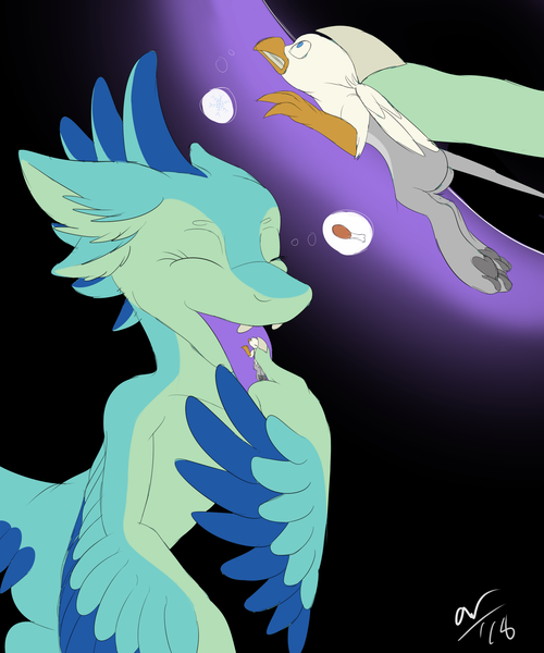 Size: 2500x3000 | Tagged: questionable, artist:arcanebolt32, derpibooru import, oc, oc:der, oc:luvashi, unofficial characters only, avali, gryphon, fetish, licking, micro, tongue out, vore