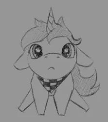 Size: 400x450 | Tagged: safe, artist:stray prey, derpibooru import, oc, oc:lucent, pony, unicorn, bandana, colt, gray background, grayscale, looking at you, male, monochrome, puppy dog eyes, simple background, sitting, solo