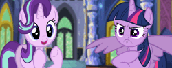 Size: 1000x400 | Tagged: safe, alternate version, artist:rabidpepper, derpibooru import, edit, starlight glimmer, twilight sparkle, twilight sparkle (alicorn), alicorn, pony, unicorn, :d, angry, animated, clapping, clapping ponies, cute, female, frown, glare, glimmerbetes, happy, hooves together, i can't believe it's not hasbro studios, madorable, mare, no, open mouth, reaction gif, reaction image, show accurate, slit throat gesture, smiling, spread wings, twiabetes, twilight's castle, underhoof, uvula, varying degrees of want, wings