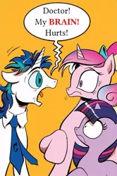 Size: 365x549 | Tagged: derpibooru import, exploitable meme, grammar error, gumby, idw, meme, monty python, monty python brain surgeon, obligatory pony, princess cadance, safe, screaming armor, shining armor, spoiler:comic11, twilight sparkle