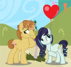 Size: 1516x1432 | Tagged: safe, artist:dark-ligth, derpibooru import, coloratura, feather bangs, pony, balloon, base used, colorabangs, female, globe, male, shipping, straight