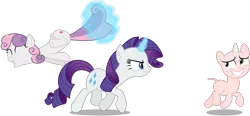 Size: 1735x804 | Tagged: safe, artist:chrzanek97, artist:deadparrot22, artist:reginault, derpibooru import, edit, edited edit, editor:slayerbvc, vector edit, rarity, sweetie belle, pony, unicorn, blushing, chase, clothes, costume, cropped, female, filly, furless, furless edit, looking back, magic, mare, nude edit, nudity, pony costume, ponysuit, rarity is not amused, shaved, shaved tail, siblings, simple background, sisters, streaking, sweetie bald, sweetie belle suit, transparent background, unamused, vector