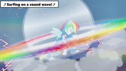 Size: 1280x720 | Tagged: safe, derpibooru import, edit, edited screencap, screencap, rainbow dash, equestria girls, guitar centered, rainbow rocks, guitar, lyrics, magic school bus, music notes, musical instrument, solo, song reference, sonic rainboom, text, text box, transformation