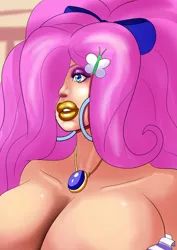 Size: 1448x2048 | Tagged: artist:annon, bimbo, bimboshy, breasts, cleavage, derpibooru import, ear piercing, earring, eyeshadow, female, fluttershy, hair ribbon, human, humanized, jewelry, lipstick, makeup, necklace, piercing, ribbon, solo, solo female, suggestive, yellow lipstick