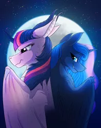 Size: 794x1007 | Tagged: safe, artist:klarapl, derpibooru import, princess luna, twilight sparkle, twilight sparkle (alicorn), alicorn, dragon, pony, fanfic, back to back, commission, dragonified, fanfic art, fanfic cover, female, horn, implied lesbian, implied shipping, implied twiluna, mare, moon, night, species swap, stars, twilidragon, wings