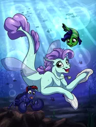Size: 1920x2560 | Tagged: safe, artist:lupiarts, derpibooru import, oc, oc:backsea, oc:lupi, oc:lupiarts, unofficial characters only, bat pony, crab, crab pony, fish, hippogriff, seapony (g4), bat pony oc, bat wings, cute, digital art, meme, ocean, seaponified, species swap, underwater, water, wings