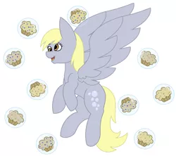 Size: 1024x908 | Tagged: safe, artist:midnightamber, derpibooru import, derpy hooves, pegasus, pony, bubble, cute, derp, derpabetes, female, floating muffins, flying, food, happy, mare, muffin, muffins in bubbles, simple background, solo, spread wings, white background, wings