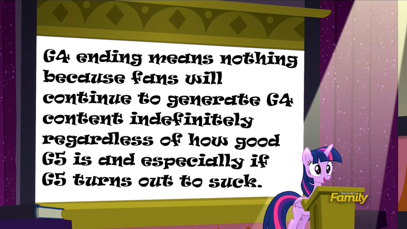 Size: 1270x714 | Tagged: safe, derpibooru import, edit, edited screencap, screencap, twilight sparkle, twilight sparkle (alicorn), alicorn, pony, the cutie re-mark, discovery family logo, exploitable, exploitable meme, female, g5 drama, mare, meme, op has a point, op is right, presentation, projection, solo, text, the end is neigh, twilight sparkle's presentation, twilight sparkle's slide, wall of text