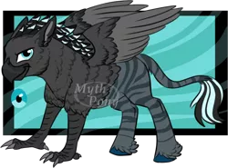 Size: 978x725 | Tagged: safe, artist:mythpony, derpibooru import, oc, oc:token, unofficial characters only, classical hippogriff, gryphon, hippogriff, hybrid, original species, zebra, zebragriff, hybrid oc, male, obtrusive watermark, solo, watermark
