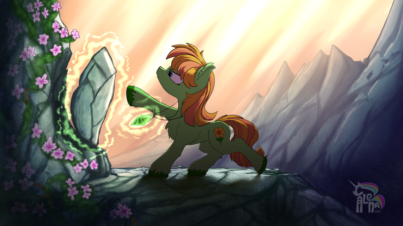 Size: 1440x810 | Tagged: safe, artist:calena, derpibooru import, oc, unofficial characters only, earth pony, elemental, elemental pony, pony, commission, cutie mark, earth, flower, jewelry, magic, rock, scenery, serious, serious face, signature, solo, ych result