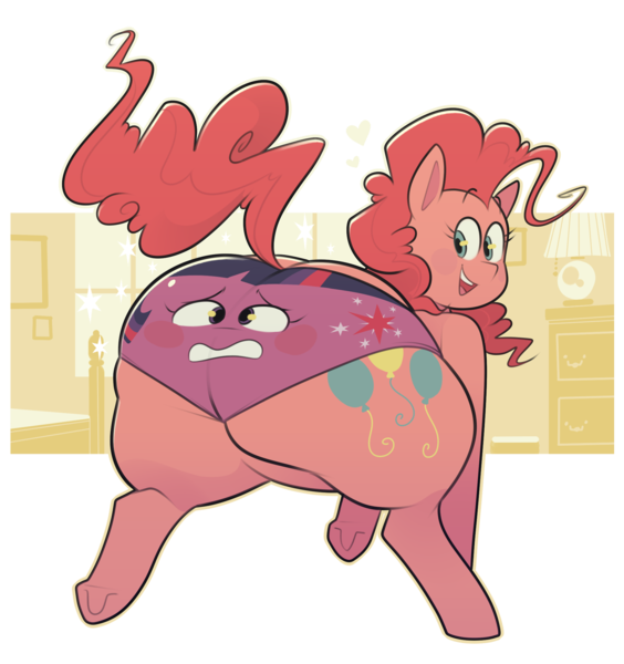 Size: 2000x2129 | Tagged: suggestive, artist:secretgoombaman12345, derpibooru import, pinkie pie, twilight sparkle, pony, balloonbutt, blush sticker, blushing, butt, clothes, clothing transformation, fat, female, frog (hoof), inanimate tf, large butt, looking at you, looking back, looking back at you, open mouth, panties, pantified, plot, pudgy pie, rear view, simple background, transformation, transparent, transparent background, twipanties, twitem, underhoof, underwear, wat