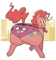 Size: 2000x2129 | Tagged: suggestive, artist:secretgoombaman12345, derpibooru import, pinkie pie, twilight sparkle, pony, balloonbutt, blush sticker, blushing, butt, clothes, clothing transformation, fat, female, frog (hoof), inanimate tf, large butt, looking at you, looking back, looking back at you, open mouth, panties, pantified, plot, pudgy pie, rear view, simple background, transformation, transparent, transparent background, twipanties, twitem, underhoof, underwear, wat