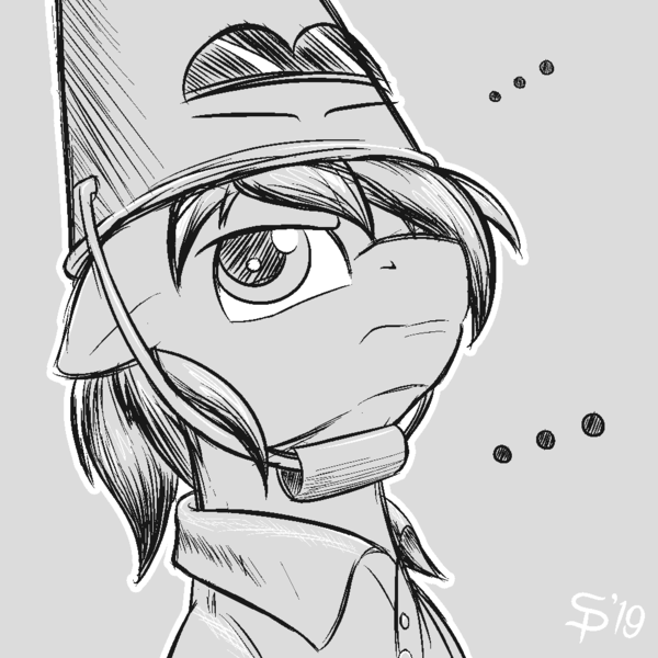 Size: 1000x1000 | Tagged: safe, artist:suspega, derpibooru import, oc, oc:crumpets, pony, ..., artist avatar, bucket, bucket helmet, grayscale, helmet, monochrome, sunglasses