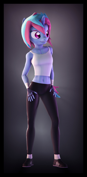 Size: 3840x7800 | Tagged: safe, artist:imafutureguitarhero, derpibooru import, oc, unofficial characters only, anthro, plantigrade anthro, unicorn, 3d, absurd resolution, adidas, androgynous, arm fluff, bandage, belly button, body fluff, border, cheek fluff, chromatic aberration, clothes, colored eyebrows, film grain, fingerless gloves, fluffy, fur, gloves, gradient background, hand on hip, hands on thighs, horn, leg fluff, lip bite, midriff, multicolored hair, multicolored mane, multicolored tail, nose wrinkle, pants, shoes, signature, sleeveless, smiling, smirk, socks, source filmmaker, tanktop, trackpants, windswept tail, wrist wraps