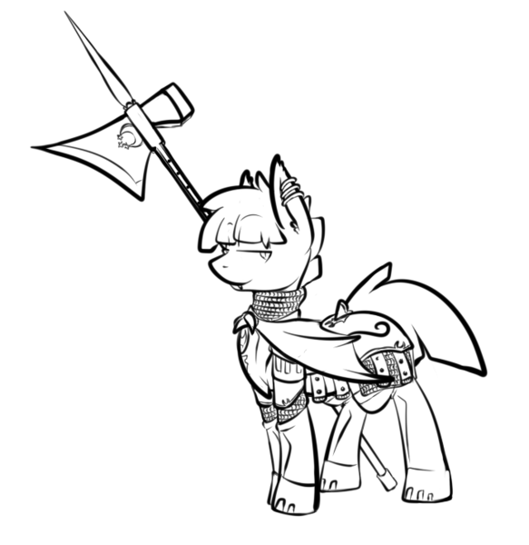 Size: 694x714 | Tagged: safe, artist:cantershirecommons, derpibooru import, oc, bat pony, pony, armor, fangs, halberd, weapon