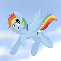 Size: 5000x5000 | Tagged: safe, artist:exvius, derpibooru import, rainbow dash, pegasus, pony, blue background, cloud, flight, happy, looking at you, outstretched wings, simple background, solo