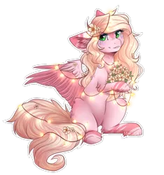 Size: 902x964 | Tagged: safe, artist:monogy, derpibooru import, oc, oc:hanalea, unofficial characters only, pegasus, pony, female, flower, flower in hair, looking at you, mare, simple background, sitting, solo, transparent background, two toned wings, wings