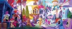 Size: 3672x1502 | Tagged: safe, artist:tony cliff, derpibooru import, angel bunny, apple bloom, applejack, berry punch, berryshine, big macintosh, blue blazes, bon bon, fluttershy, granny smith, lyra heartstrings, pinkie pie, princess celestia, princess luna, rainbow dash, scootaloo, spitfire, surprise, sweetie belle, sweetie drops, twilight sparkle, twilight sparkle (alicorn), vinyl scratch, alicorn, earth pony, pegasus, pony, unicorn, my little pony: the movie, the art of my little pony: the movie, canterlot, confetti, cutie mark crusaders, festival of friendship, wonderbolts