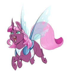 Size: 600x664 | Tagged: safe, artist:vindhov, derpibooru import, oc, unofficial characters only, changepony, hybrid, pony, female, flying, magical lesbian spawn, mare, offspring, open mouth, parent:pinkie pie, parent:queen chrysalis, parents:chryssie pie, simple background, solo, transparent background