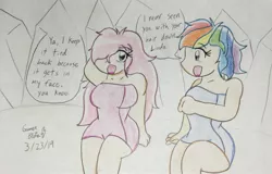 Size: 2400x1536 | Tagged: artist:gmangamer25, derpibooru import, grammar error, human, humanized, mountain, naked towel, not fluttershy, oc, oc:linda, rainbow dash, safe, spa, towel, traditional art