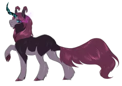 Size: 745x527 | Tagged: artist:vindhov, blue eyes, blue sclera, cloven hooves, colored sclera, crack ship offspring, crooked horn, derpibooru import, dewclaw, horn, hybrid, interspecies offspring, magical gay spawn, oc, offspring, parent:king sombra, parent:storm king, raised hoof, safe, simple background, solo, transparent background, unofficial characters only