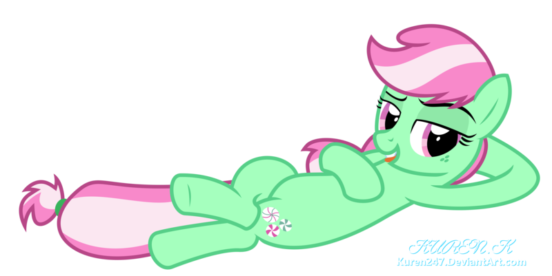 Size: 9000x4514 | Tagged: safe, artist:kuren247, derpibooru import, minty, earth pony, pony, absurd resolution, cheeky, cute, draw me like one of your french girls, female, freckles, g3, g3 to g4, g4, generation leap, mintabetes, on back, recolor, simple background, solo, vector
